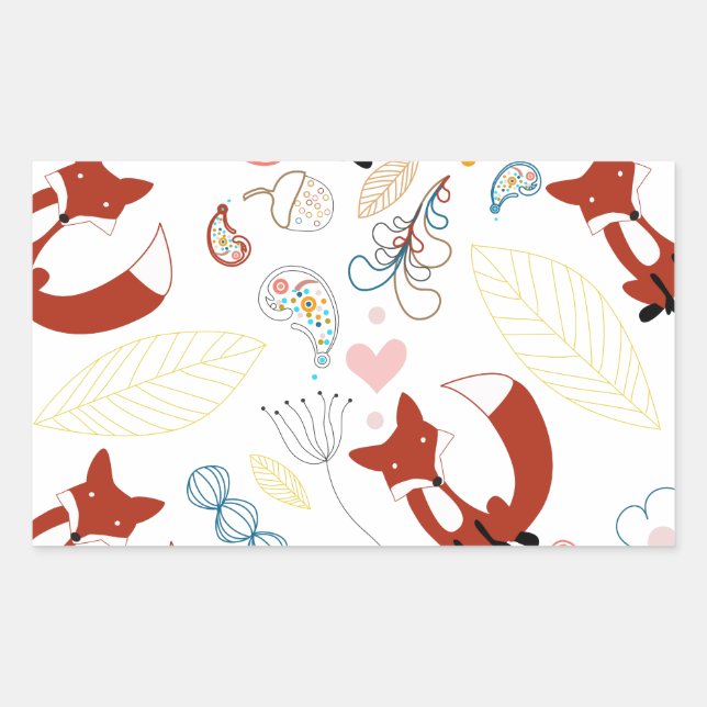 Cute Hand Drawn Fox Hearts in Yellow Blue Pink Rectangular Sticker (Front)
