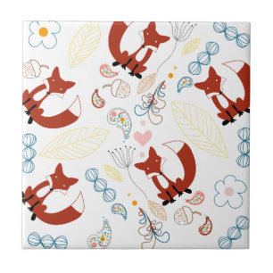 Cute Hand Drawn Fox Hearts in Yellow Blue Pink Tile