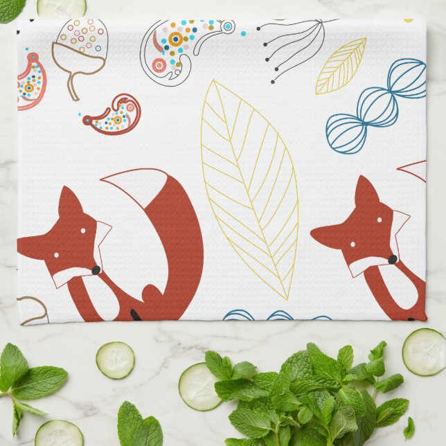 Cute Hand Drawn Fox Hearts in Yellow Blue Pink Towel (Folded)