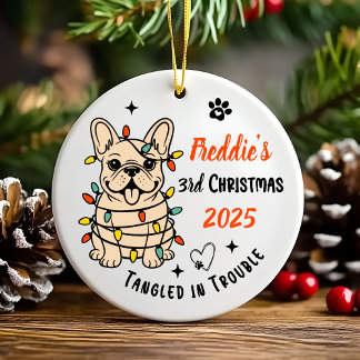 Cute Hand Drawn French Bulldog's First Christmas Ceramic Ornament
