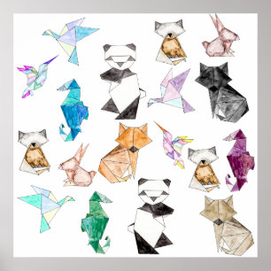 Cute Hand Drawn Geometric Paper Origami Animals Poster