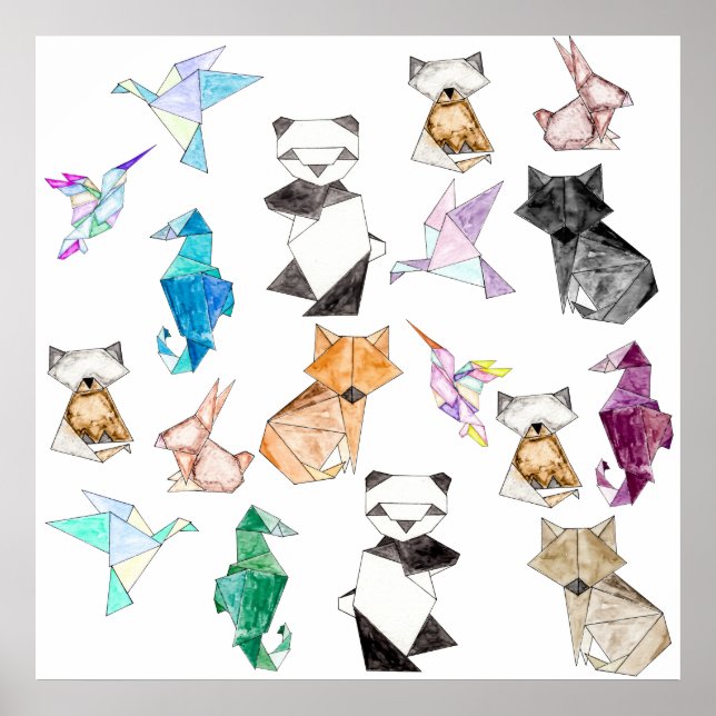 Cute Hand Drawn Geometric Paper Origami Animals Poster (Front)
