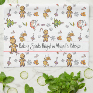 Cute Hand-drawn Gingerbread Baking Spirits Bright Kitchen Towel