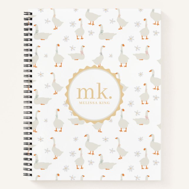 Cute Hand Drawn Goose & Daisies Baby Keepsake Notebook (Front)