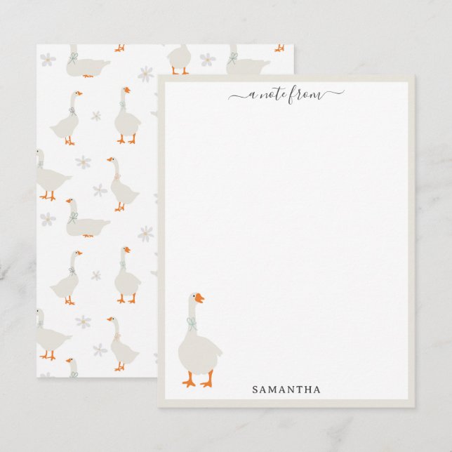 Cute Hand Drawn Goose & Daisies Custom Name Note Card (Front/Back)