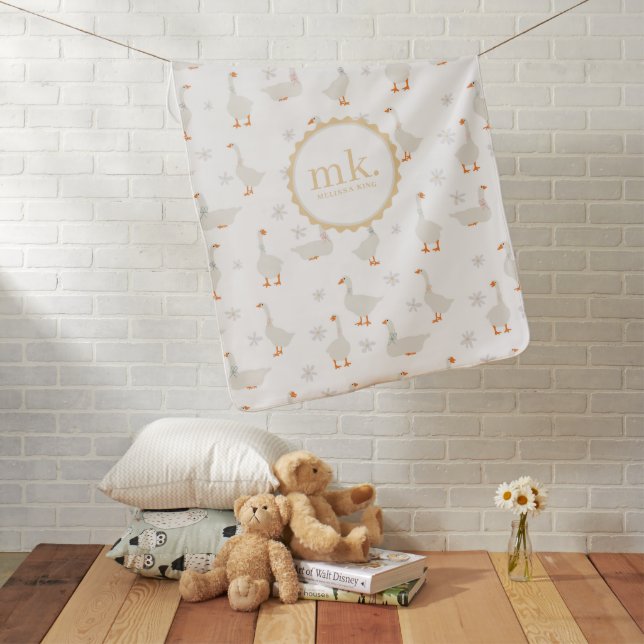Cute Hand Drawn Goose & Daisies Monogrammed Name Baby Blanket (In Situ)