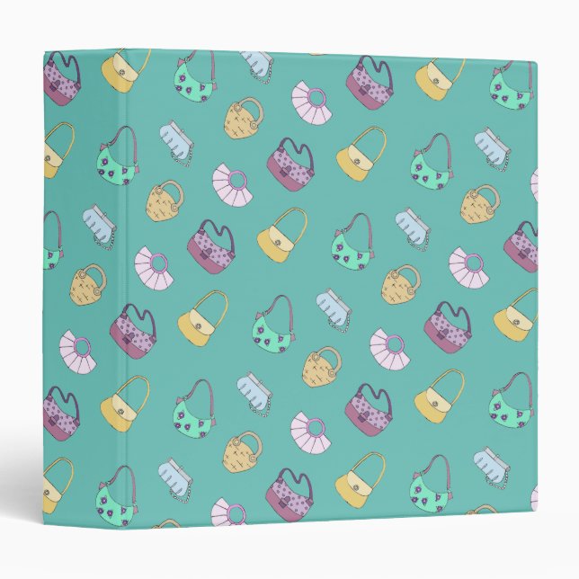 Cute Hand Drawn Handbags Doodles Pattern Teal 3 Ring Binder (Front/Spine)