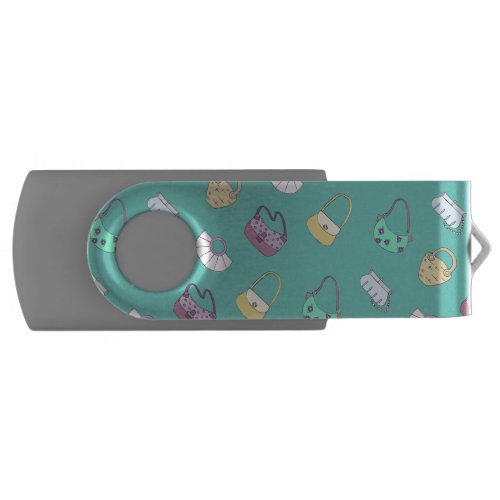 Cute Hand Drawn Handbags Doodles Pattern Teal Flash Drive