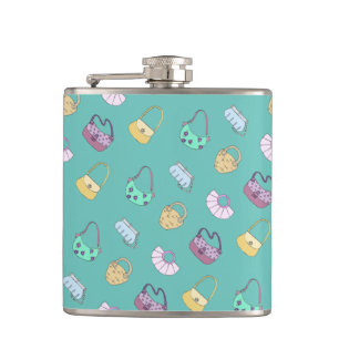 Cute Hand Drawn Handbags Doodles Pattern Teal Flask