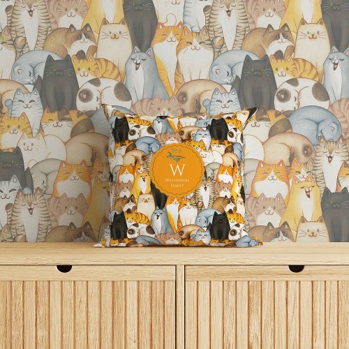 Cute Hand Drawn Happy Kittens with Monogram Throw Pillow
