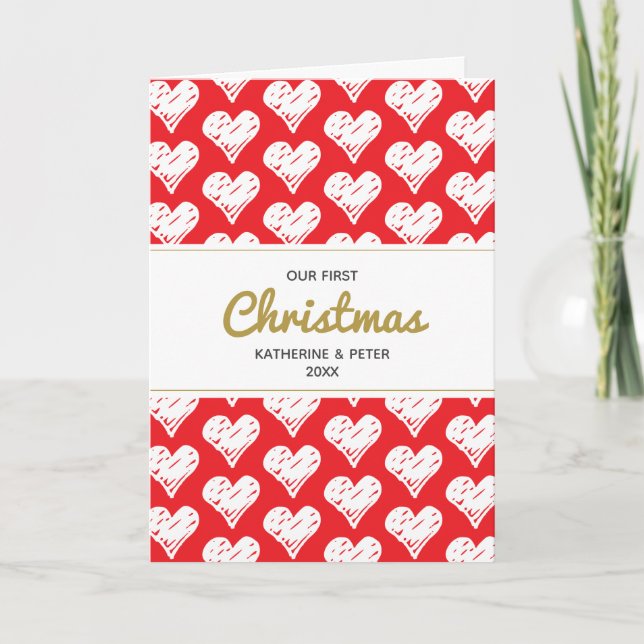Cute Hand-drawn Hearts Our First Christmas Holiday Card (Front)