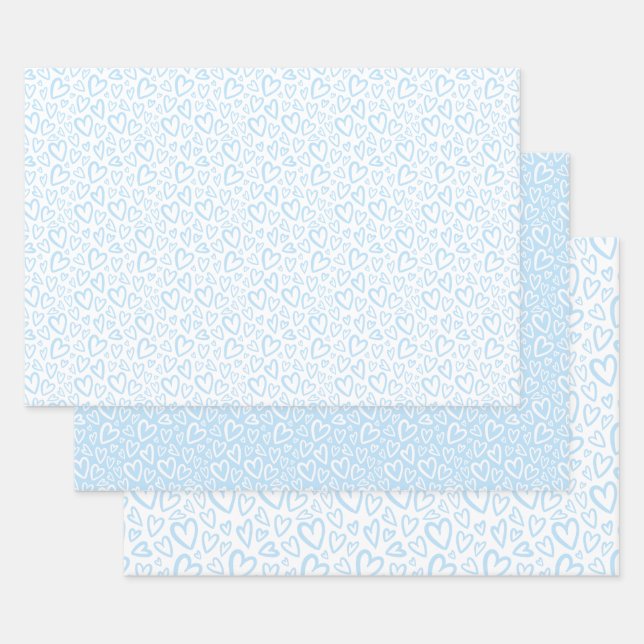 Cute Hand Drawn Hearts Pattern Baby Blue Wrapping Paper Sheets (Set)
