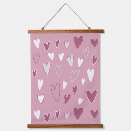 Cute Hand Drawn Hearts Pink White Hanging Tapestry