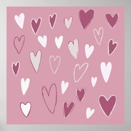 Cute Hand Drawn Hearts Pink White Poster