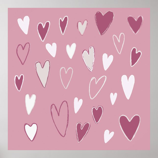 Cute Hand Drawn Hearts Pink White Poster (Front)