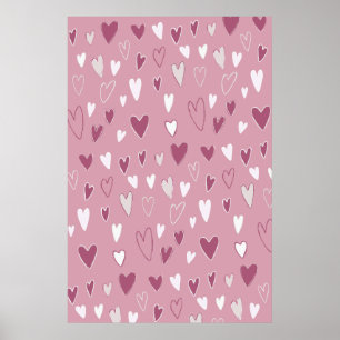 Cute Hand Drawn Hearts Pink White Poster