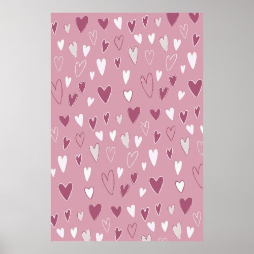 Cute Hand Drawn Hearts Pink White Poster