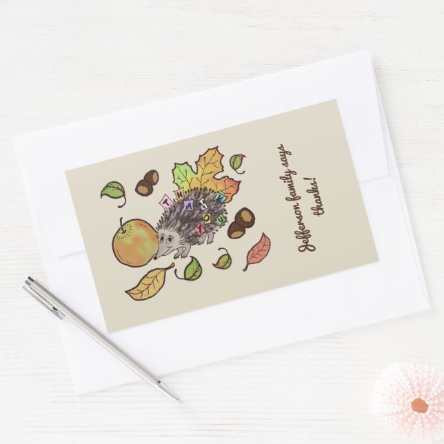 Cute hand drawn hedgehog in fall with leaves rectangular sticker (Envelope)