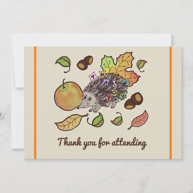 Cute hand drawn hedgehog in fall with leaves thank you card (Front)