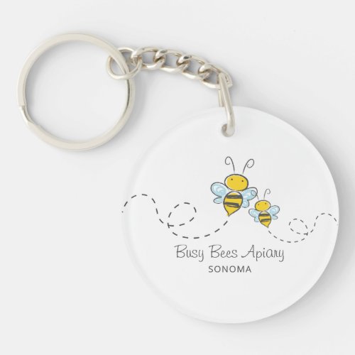 Cute Hand Drawn Honey Bees Beekeeper Apiary Logo Keychain