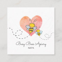 Cute Hand Drawn Honey Bees Pink Heart Apiary Farm Square Business Card