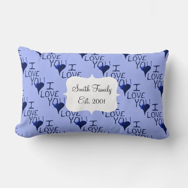 Cute Hand Drawn I Love You Heart Blue Pattern Lumbar Pillow (Front)
