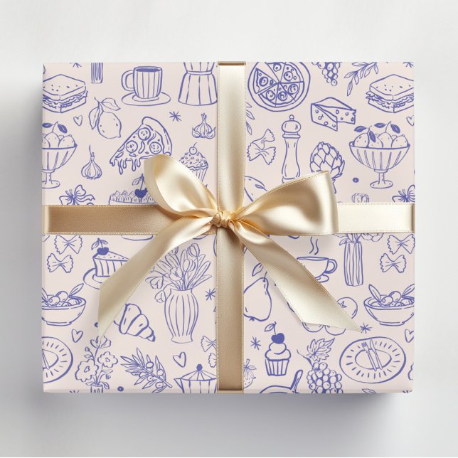 Cute Hand Drawn Italian Food and Flowers Kitchen Wrapping Paper Sheets (In situ)
