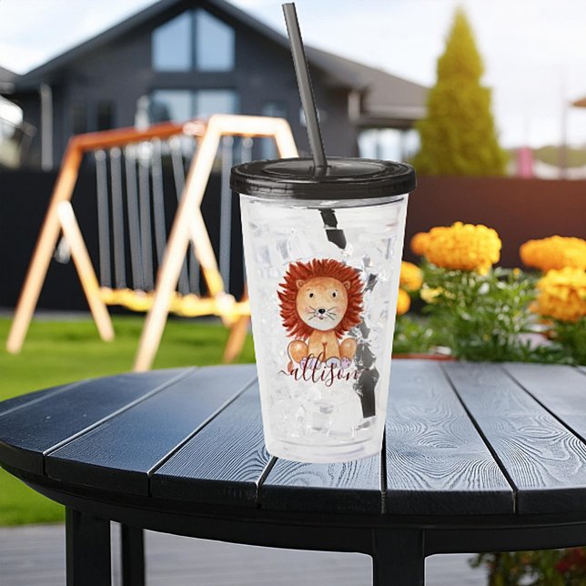 Cute hand drawn lion personalized kids  acrylic tumbler (Creator Uploaded)