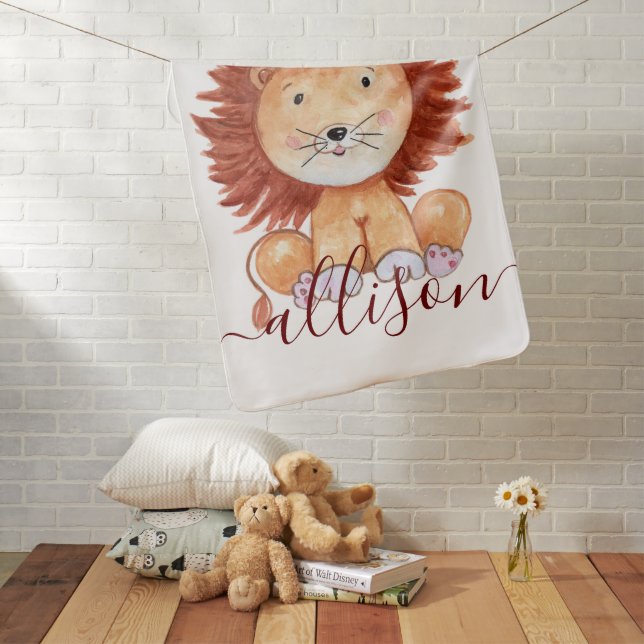 Cute hand drawn lion personalized kids  baby blanket (In Situ)