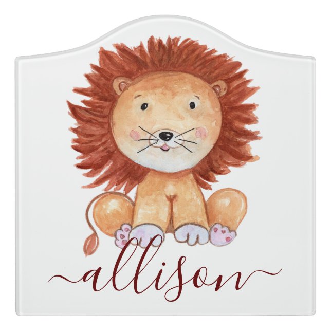Cute hand drawn lion personalized kids  door sign (Large Crest Front)