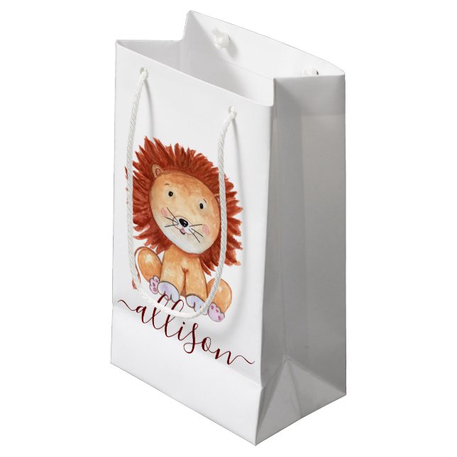 Cute hand drawn lion personalized kids  small gift bag (Front Angled)