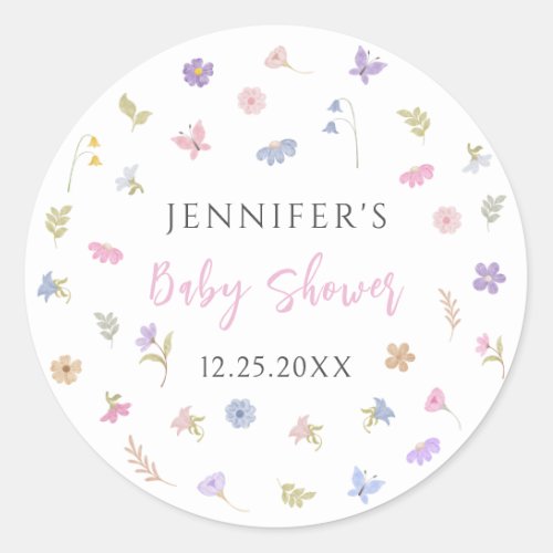 Cute hand drawn little wildflower baby girl shower classic round sticker