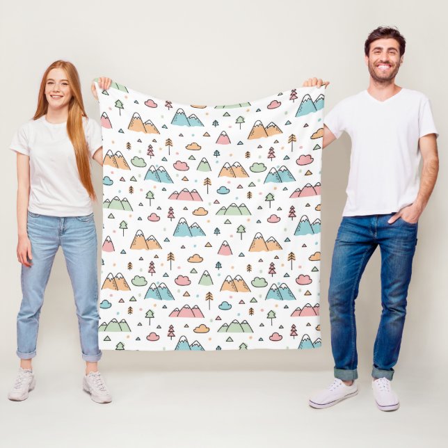 Cute Hand Drawn Mountain Scene Pattern Fleece Blanket (In Situ)