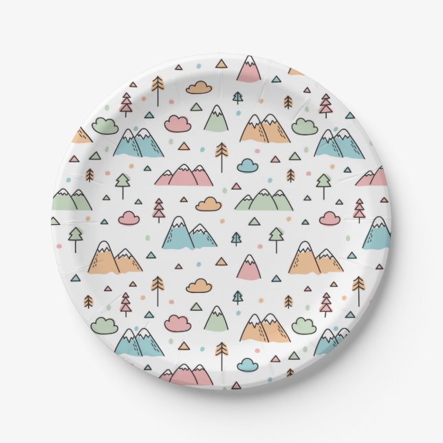 Cute Hand Drawn Mountain Scene Pattern Paper Plates (Front)