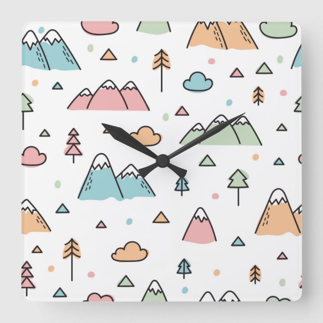 Cute Hand Drawn Mountain Scene Pattern Square Wall Clock (Front)