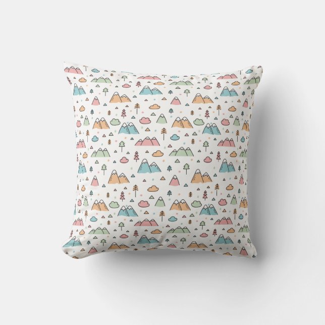 Cute Hand Drawn Mountain Scene Pattern Throw Pillow (Front)