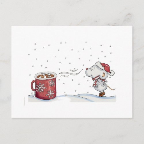 Cute hand drawn mouse design for Christmas Holiday Postcard