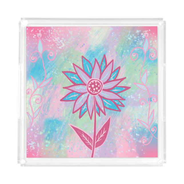 Cute Hand-drawn Pastel Flower Acrylic Tray (Front)