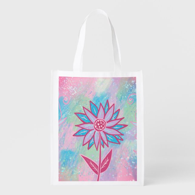 Cute Hand-drawn Pastel Flower Grocery Bag (Front)