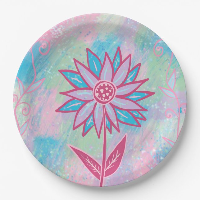 Cute Hand-drawn Pastel Flower Paper Plates (Front)
