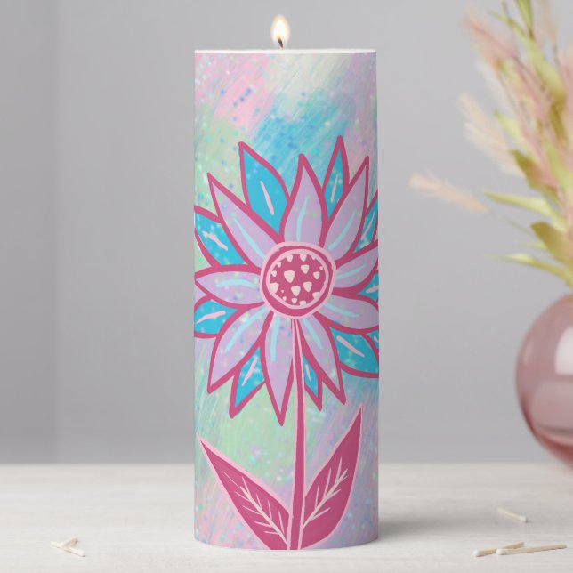 Cute Hand-drawn Pastel Flower Pillar Candle (In Situ)