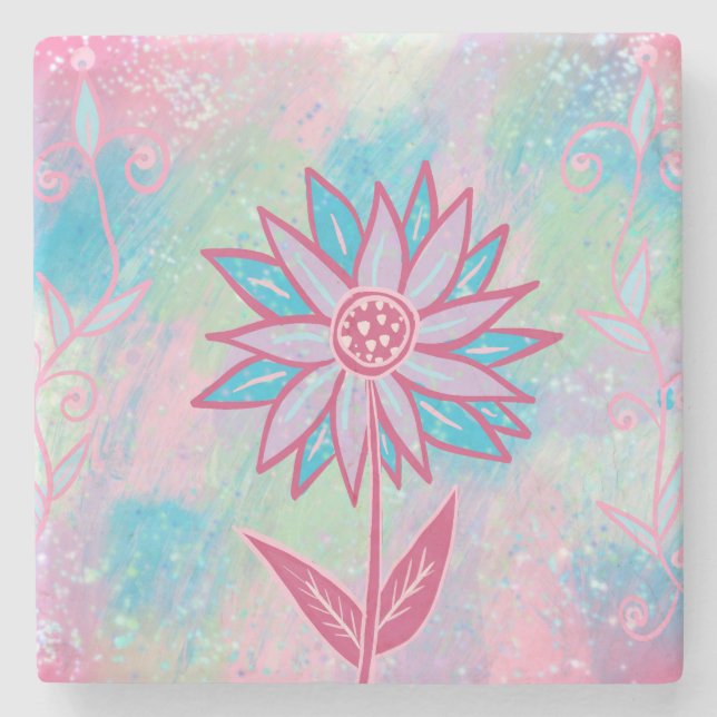Cute Hand-drawn Pastel Flower Stone Coaster (Front)