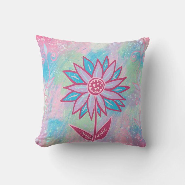 Cute Hand-drawn Pastel Flower Throw Pillow (Front)