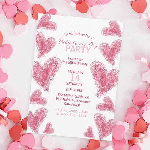 Cute Hand_Drawn Pink Hearts Valentines Day Party Invitation