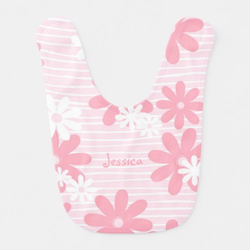 Cute Hand Drawn Pink  White Flowers  Stripes Baby Bib