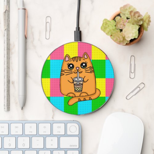 Cute Hand drawn Pop Art Kitty Cat with Boba Tea Wireless Charger
