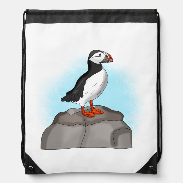 Cute Hand drawn Puffin Drawstring Bag (Front)
