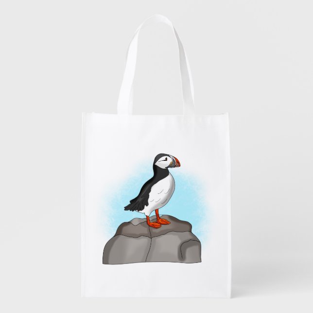 Cute Hand drawn Puffin Grocery Bag (Front)