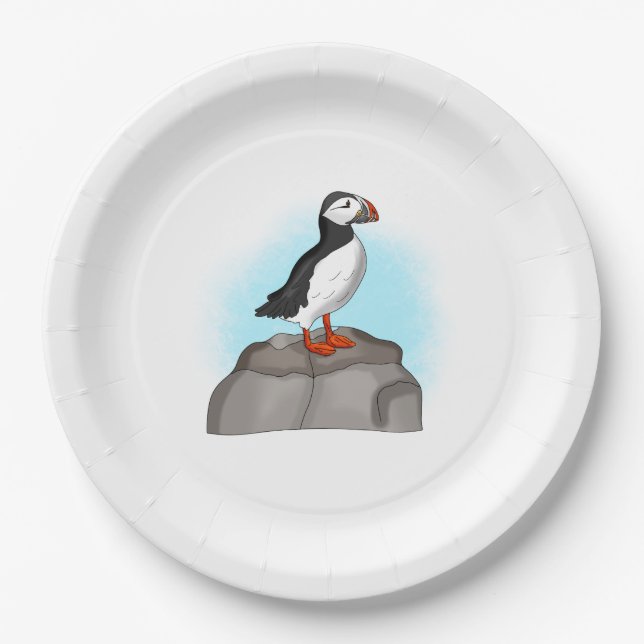 Cute Hand drawn Puffin Paper Plates (Front)