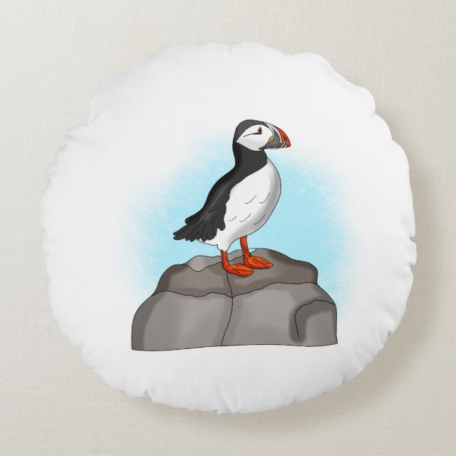 Cute Hand drawn Puffin Round Pillow (Front)